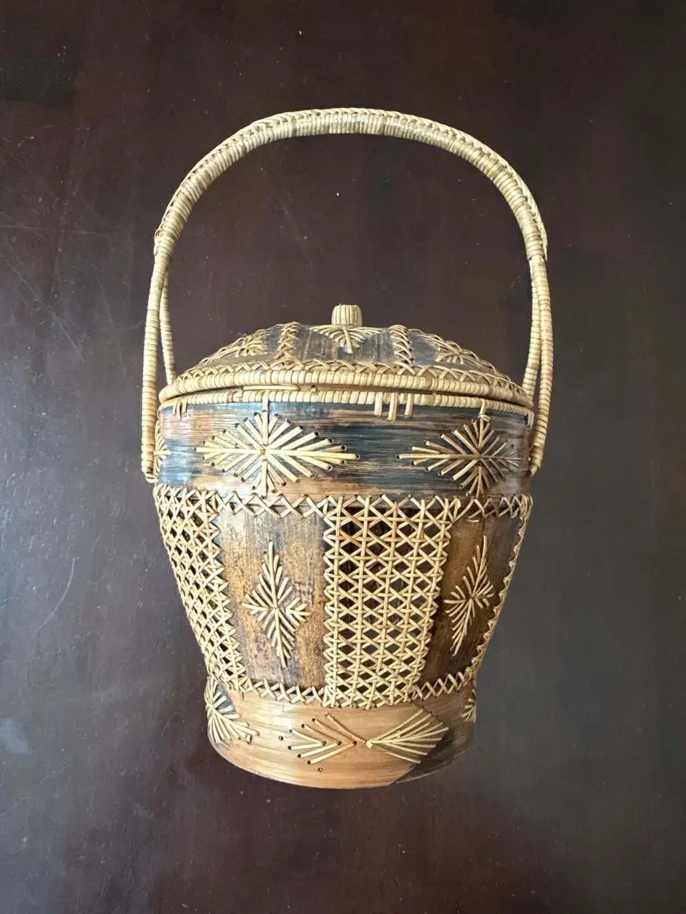 Vintage Decorative Asian Woven Bamboo Rice Basket with Lid and Handle
